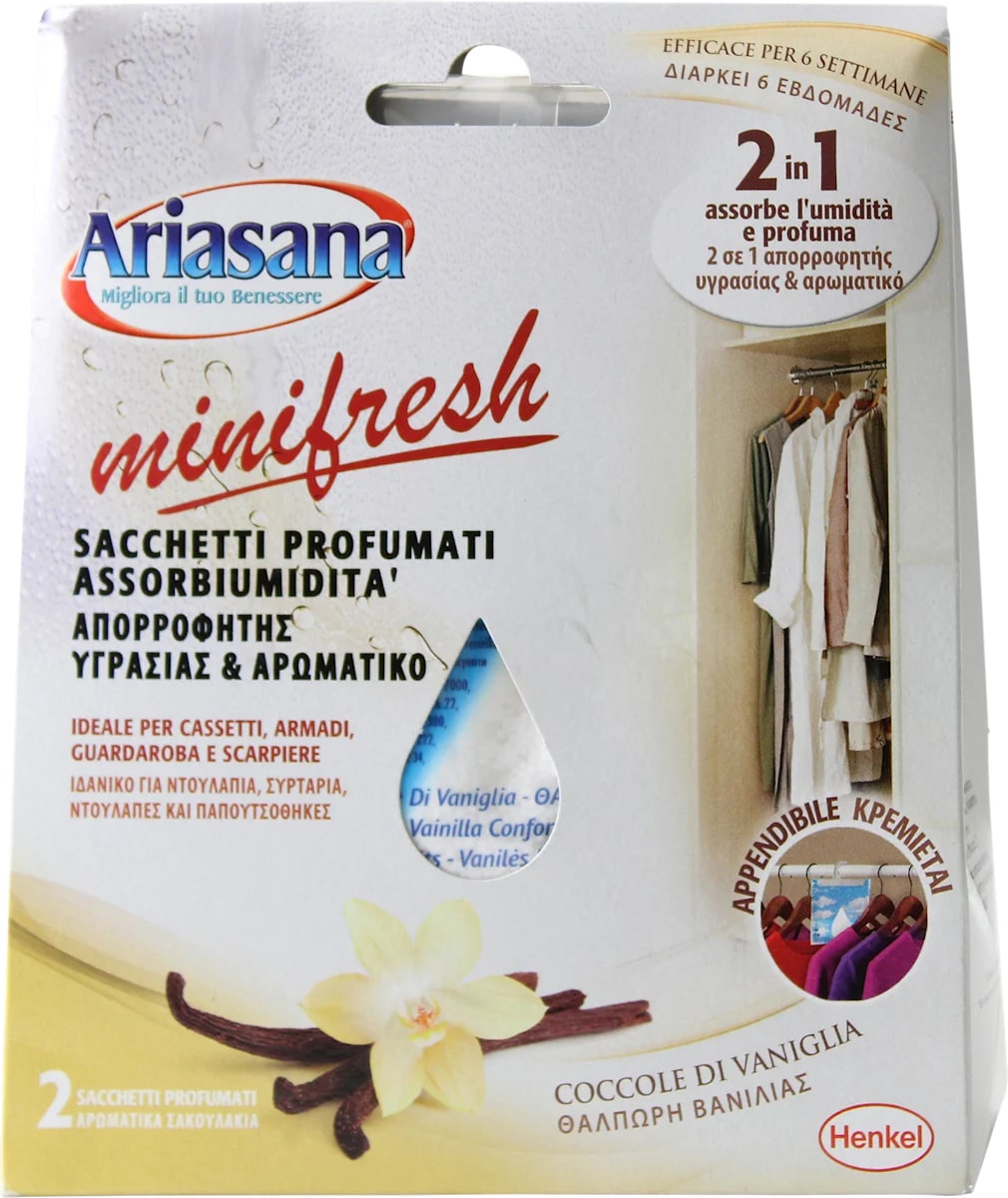 ARIASANA MINIFRESH SACCHETTI PROFUMATI ASSORBIUMIDITA' 2-IN-1 100G 2PZ COCCOLE DI VANIGLIA
