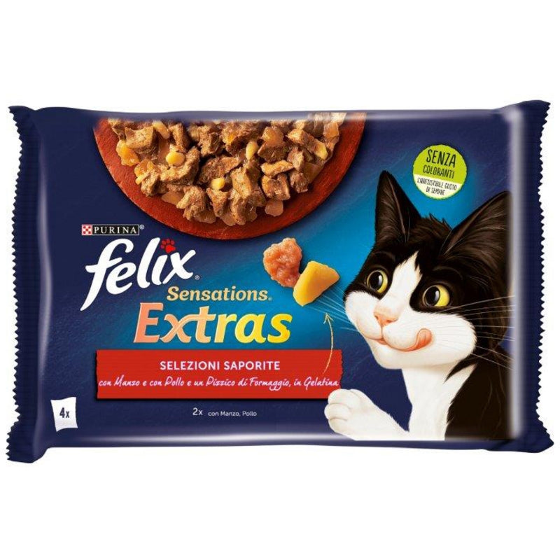 FELIX SENSATION EXTRAS 4X85G SELEZIONI SAPORITE MANZO/POLLO FORMAGGIO IN GELATINA