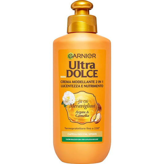 GARNIER ULTRA DOLCE CREMA MODELLANTE 2 IN 1 LUCENTEZZA E NUTRIMENTO 200ML GLI OLI MERAVIGLIOSI ARGAN & CAMELIA CAPELLI SECCHI,SPENTI TERMOPROTETTORE FINO A 230