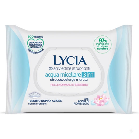 LYCIA SALVIETTINE STRUCCANTI 20PZ ACQUA MICELLARE 3 IN 1 PELLI NORMALI E SENSIBILI