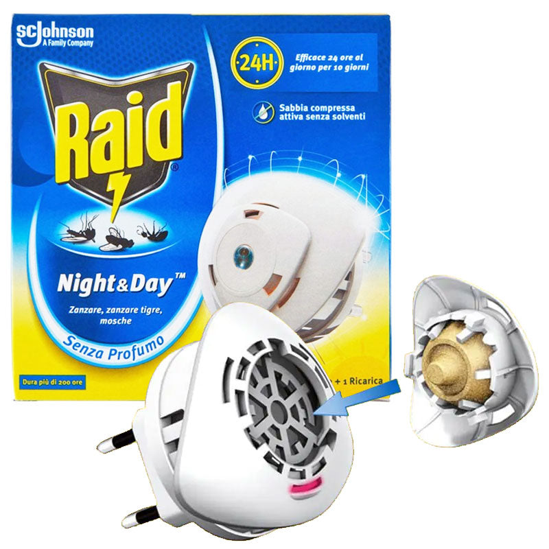 RAID NIGHT & DAY ZANZARE,ZANZARE TIGRI E MOSCHE 1 DIFFUSORE+ 1 RICARICA