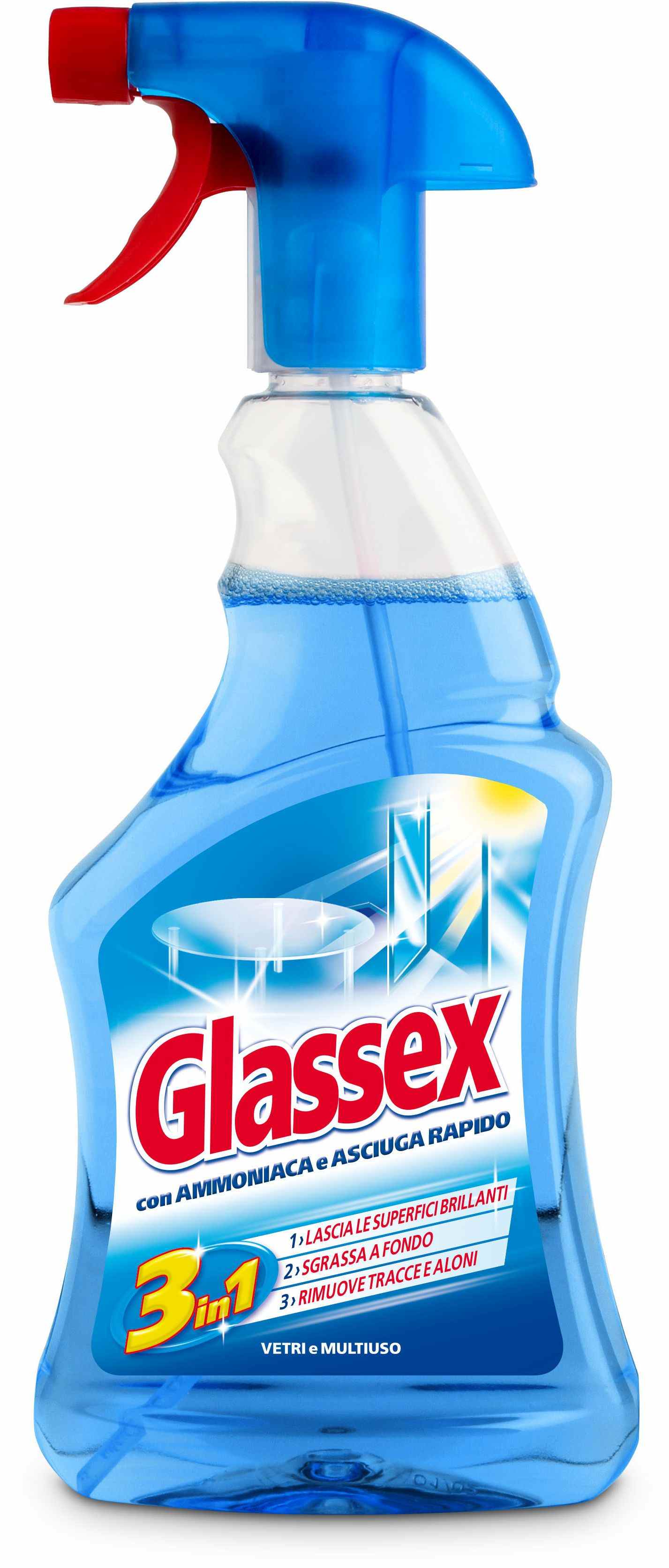 GLASSEX VETRI E MULTIUSO 3IN1 SPRAY 500ML CON AMMONIACA E ASCIUGA RAPIDO