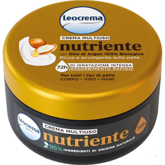 LEOCREMA CREMA MULTIUSO NUTRIENTE 72H VASO 200ML OLIO D'ARGAN 100% BIOLOGICO CORPO-VISO-MANI