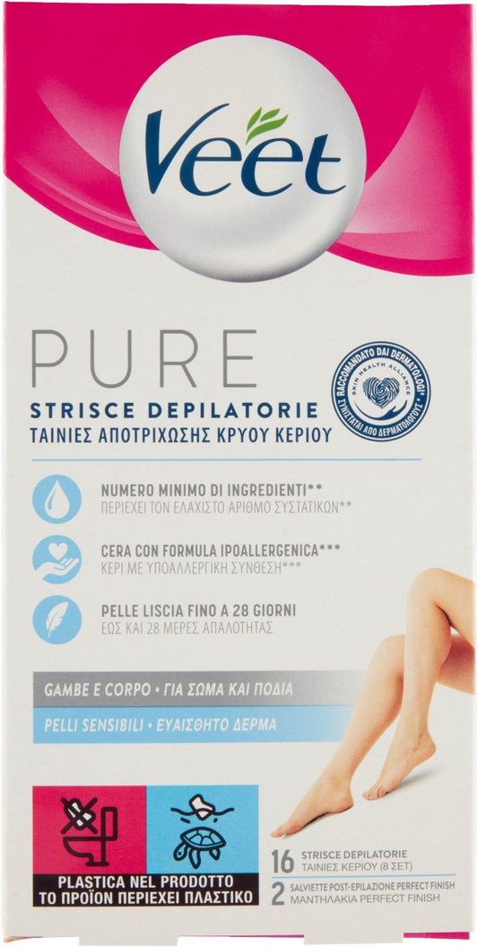 VEET PURE STRISCE GAMBE E CORPO X16+2 SALVIETTE POST EPILAZIONE PELLI SENSIBILI