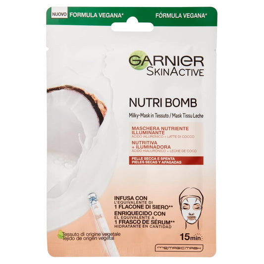 GARNIER NUTRI BOMB MASCHERA IN TESSUTO 28G 1PZ NUTRIENTE ILLUMINANTE LATTE DI COCCO + ACIDO IALURONICO