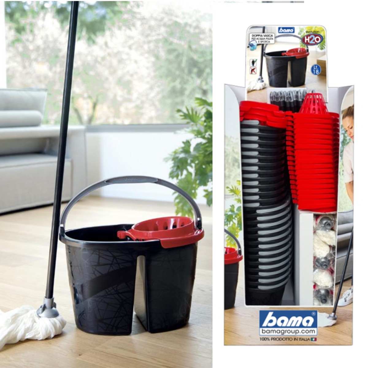 BAMA KIT COMPLETO H20 SECCHIO + STRIZZATORE + MOP + MANICO
