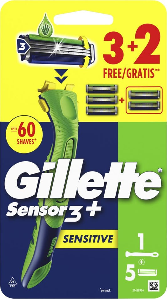 GILLETTE RASOIO SENSOR 3 + SENSITIVE USA E GETTA 1 BASTONE + 5 RICARICHE