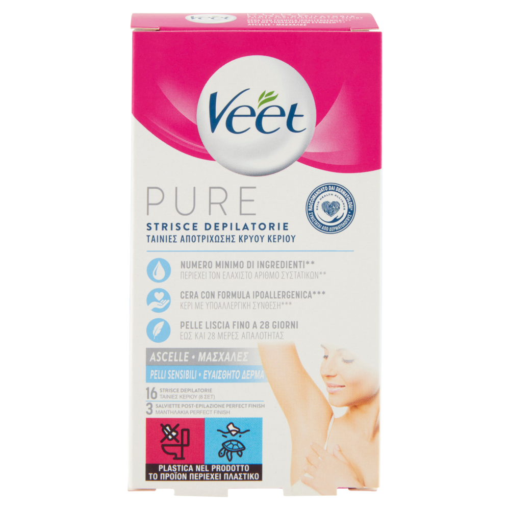 VEET PURE STRISCE ASCELLE X16 + 3 SALVIETTINE POST EPILAZIONE PELLI SENSIBILI