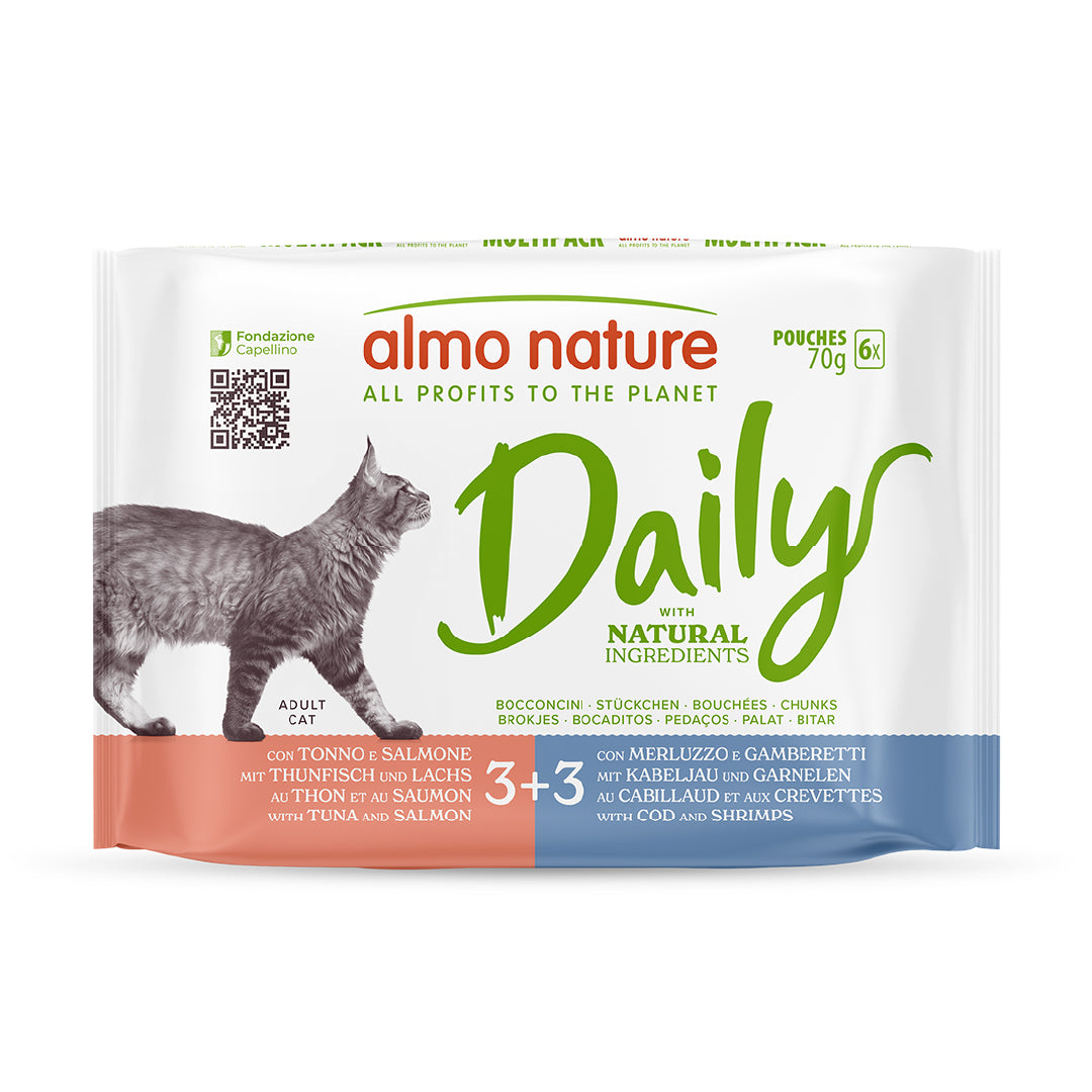 ALMO NATURE DAILY GATTO BOCCONCINI 6X70G ADULT TONNO E SALMONE / MERLUZZO E GAMBERETTI