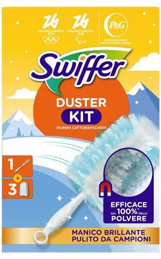 SWIFFER DUSTER KIT PIUMINI CATTURAPOLVERE 1 + 3 STAUBMAGNET MANICO BRILLANTE PULITO DA CAMPIONI