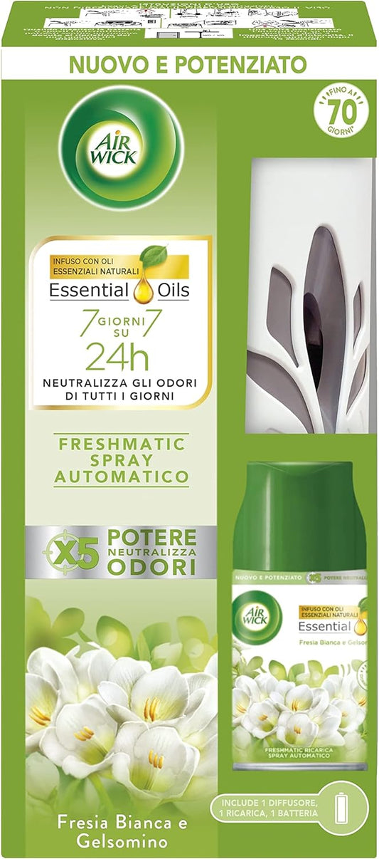 AIR WICK FRESHMATIC DIFFUSORE+RICARICA 250ML ESSENTIAL OILS FRESIA BIANCA E GELSOMINO