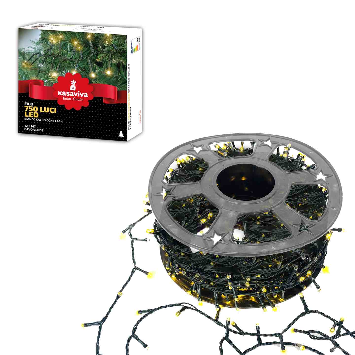 KASAVIVA NATALE FILO 750 LUCI LED BIANCO CALDO CON FLASH 12,5MT CAVO VERDE
