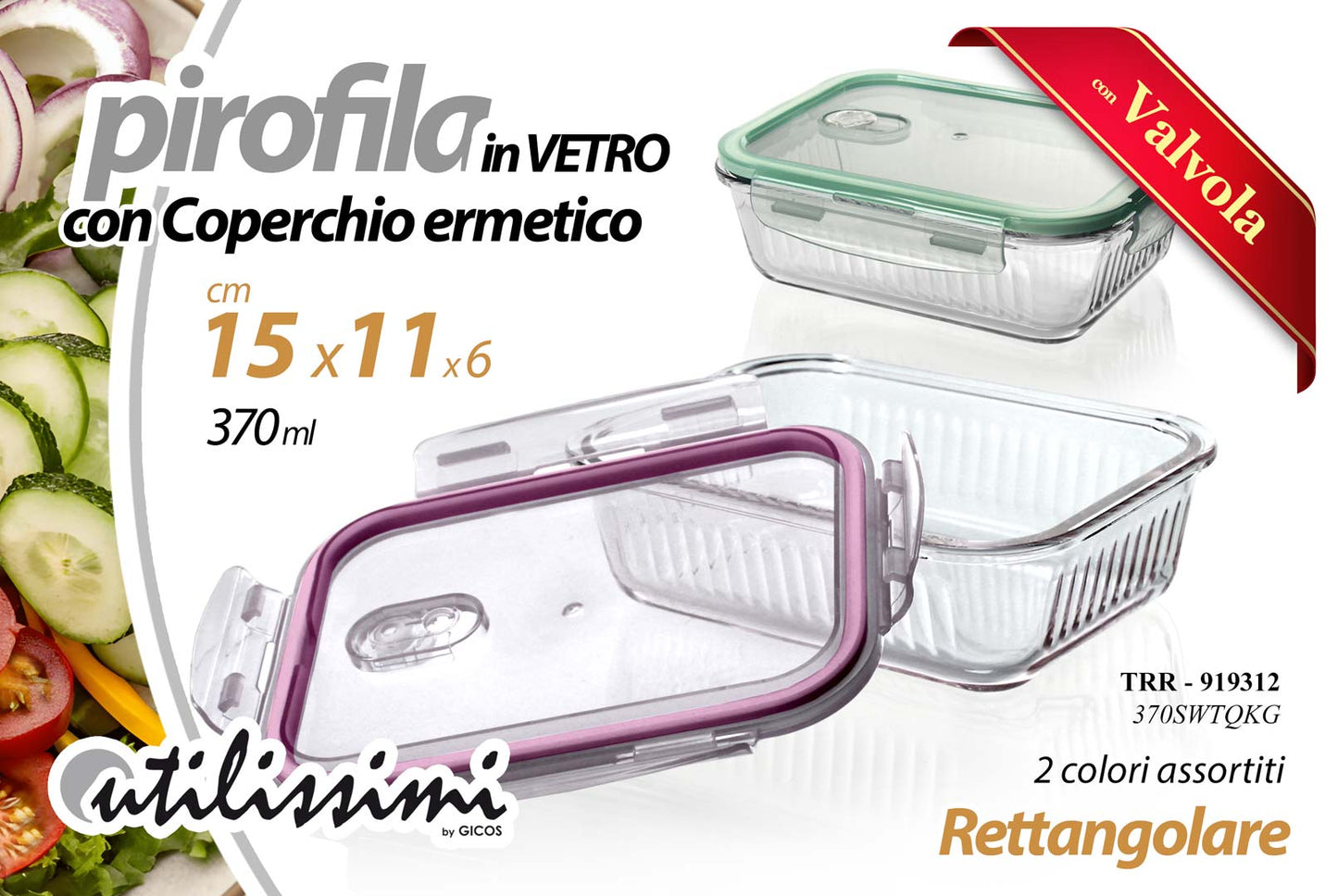 GICOS PIROFILA IN VETRO CON COPERCHIO ERMETICO 370ML CM.15X11X6 CON VALVOLA COLORI ASSORTITI