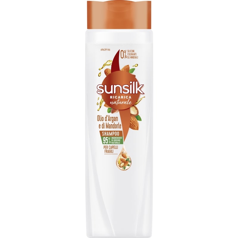 SUNSILK SHAMPOO 250ML RICARICA NATURALE OLIO D'ARGAN E DI MANDORLE CAPELLI FRAGILI FORZA ANTI-ROTTURA