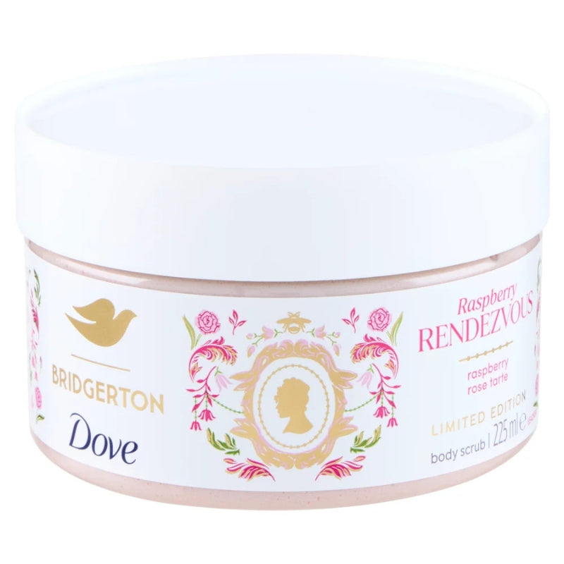 DOVE BODY SCRUB 225ML BRIDGERTON LIMITED EDITION RASPBERRY RENDEZVOUS RASPBERRY ROSE TARTE