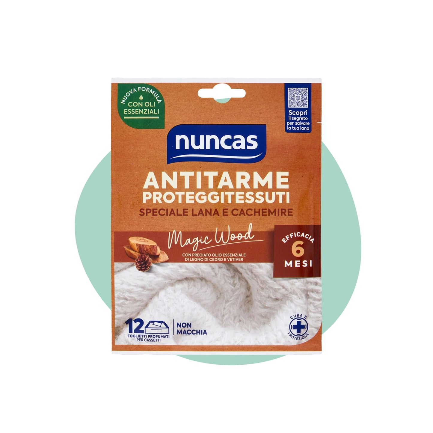 NUNCAS ANTITARME PROTEGGI TESSUTI SPECIALE LANA E CACHEMIRE 12 FOGLIETTI PROFUMATI PER CASSETTI MAGIC WOOD