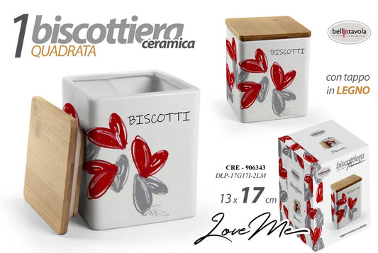 GICOS LOVE ME BISCOTTIERA CERAMICA QUADRATA CON TAPPO IN LEGNO CM.13X17