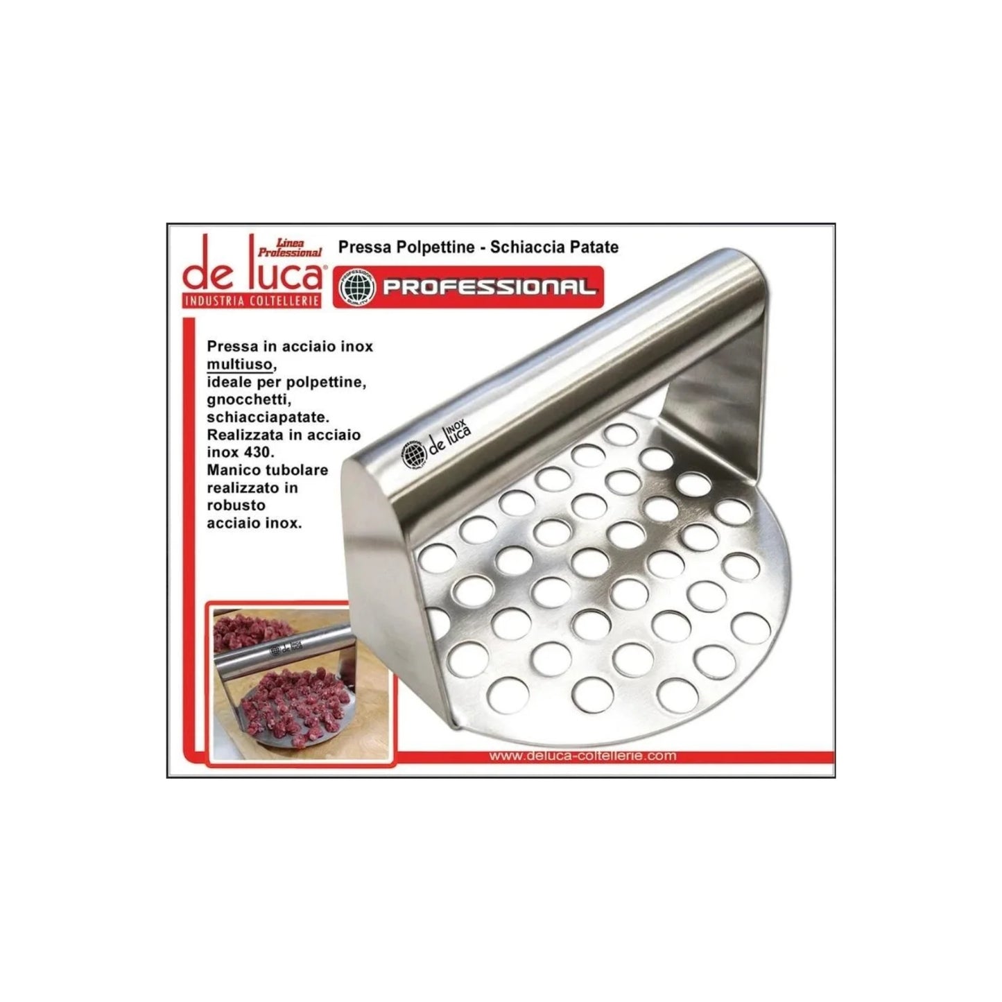 DE LUCA LINEA PROFESSIONAL PRESSA IN ACCIAIO INOX MULTIUSO CM.14 PRESSA POLPETTINE - SCHIACCIA PATATE - SMASH BURGER