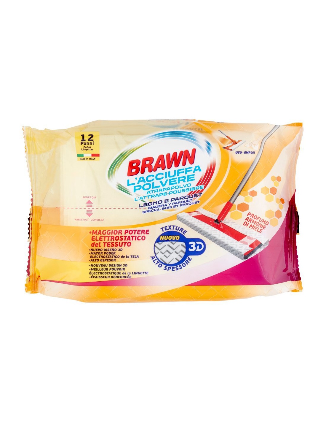 BRAWN L'ACCIUFFA POLVERE LEGNO E PARQUET PANNI 3D 12PZ PROFUMO ARMONIE DI MIELE