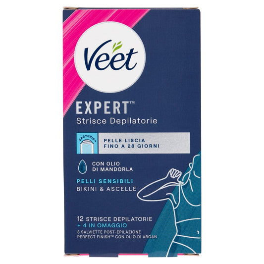 VEET EXPERT STRISCE BIKINI & ASCELLE X12+4 SALVIETTE PELLI SENSIBILI CON OLIO DI MANDORLA