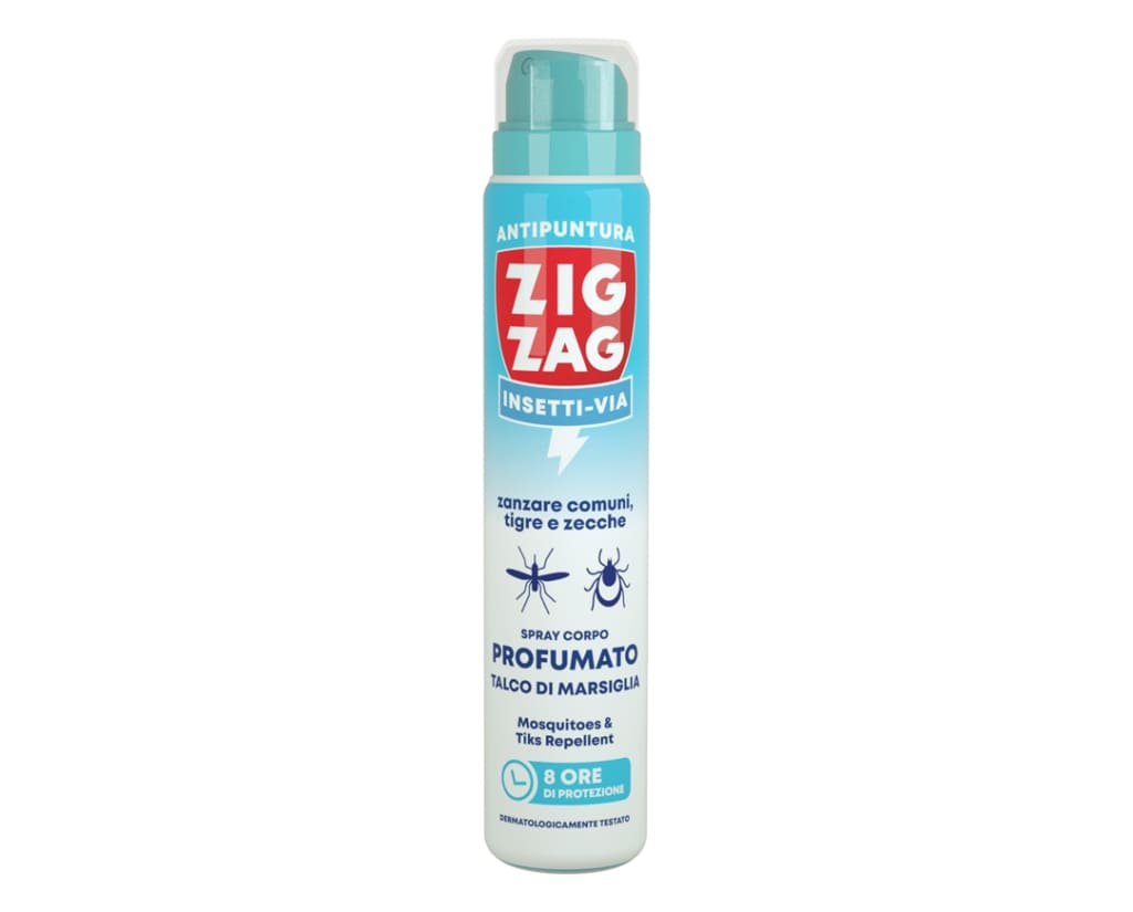 ZIG ZAG INSETTI-VIA ZANZARE COMUNI,TIGRE E ZECCHE SPRAY CORPO PROFUMATO 100ML TALCO DI MARSIGLIA
