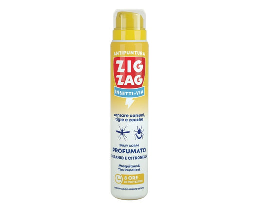 ZIG ZAG INSETTI-VIA ZANZARE COMUNI,TIGRE E ZECCHE SPRAY CORPO PROFUMATO 100ML GERANIO E CITRONELLA