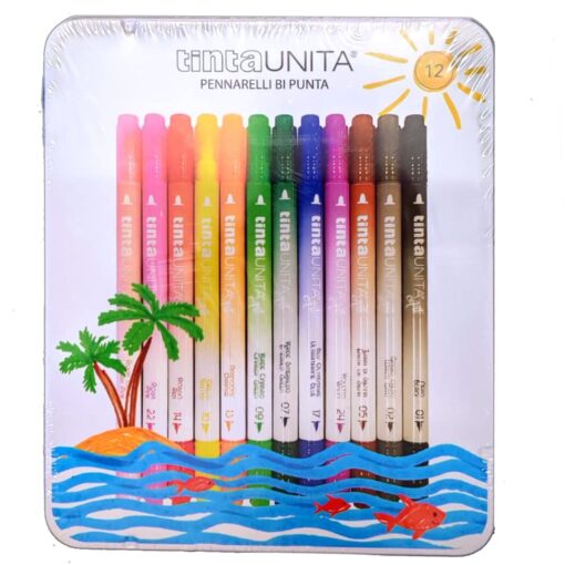 TINTA UNITA BRUSH BI PUNTA SCATOLA METALLO 12PZ