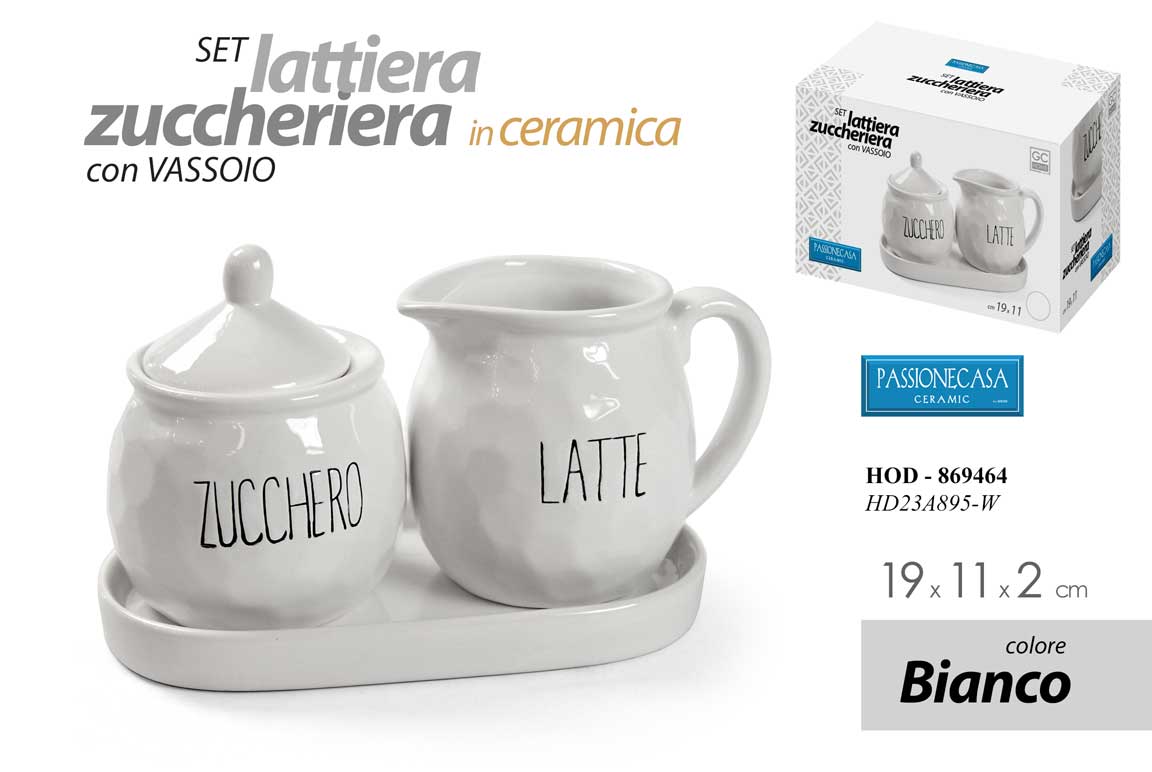 GICOS SET LATTIERA ZUCCHERIERA IN CERAMICA CON VASSOIO CM.19X11X2 BIANCO