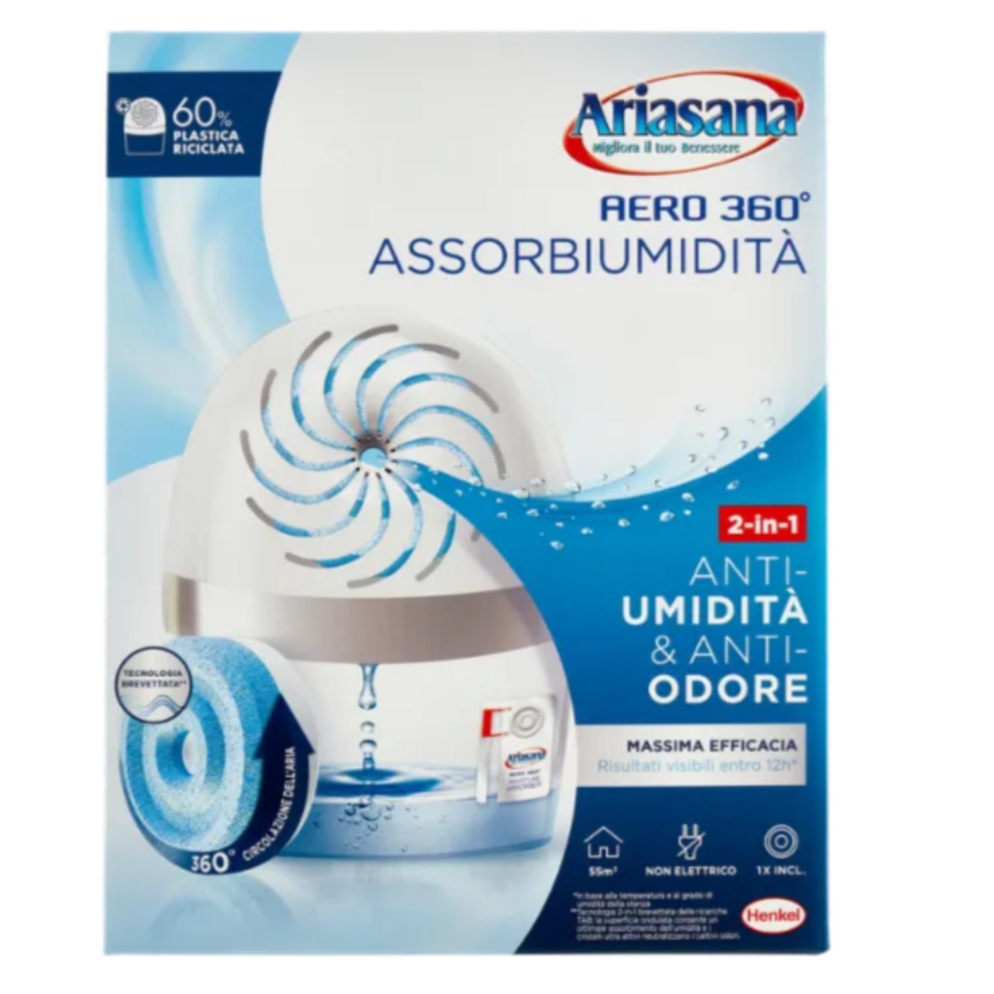 ARIASANA AERO 360 PURE ASSORBIUMIDITA' SISTEMA 1 + 1 RICARICA TAB 450G 2IN1 ANTI-UMIDITA' & ANTI-ODORE INODORE BIANCO