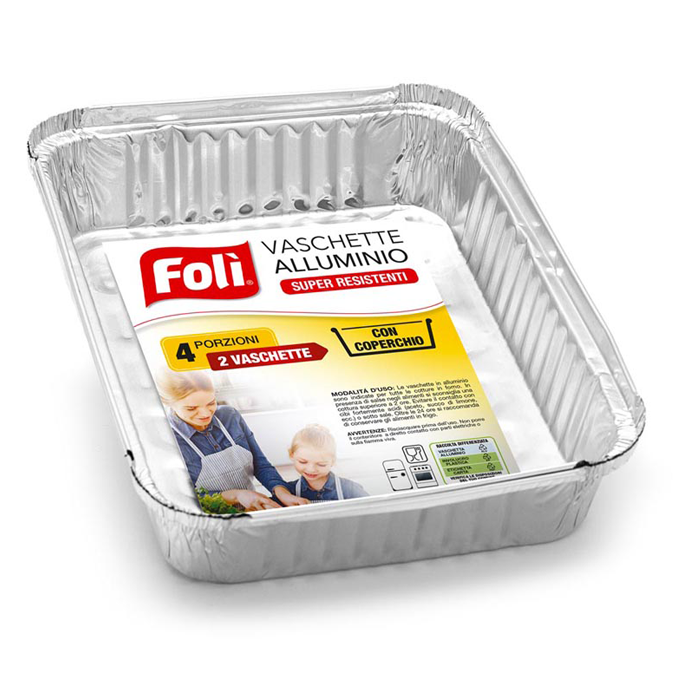 FOLI' VASCHETTE ALLUMINIO CON COPERCHIO SUPER RESISTENTI 4 PORZIONI 2PZ