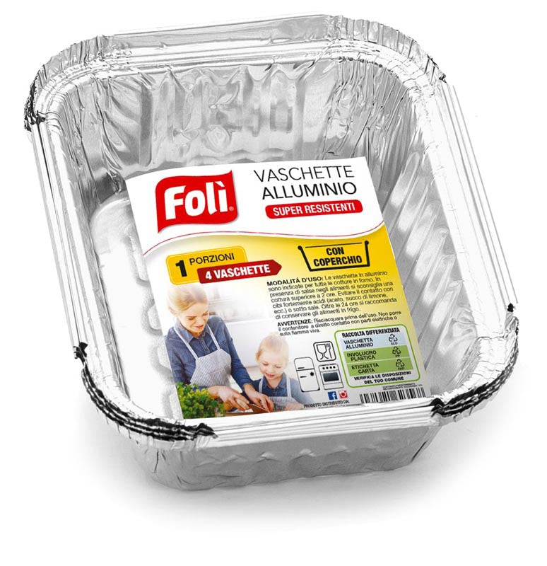 FOLI' VASCHETTE ALLUMINIO CON COPERCHIO SUPER RESISTENTI 1 PORZIONE 4PZ