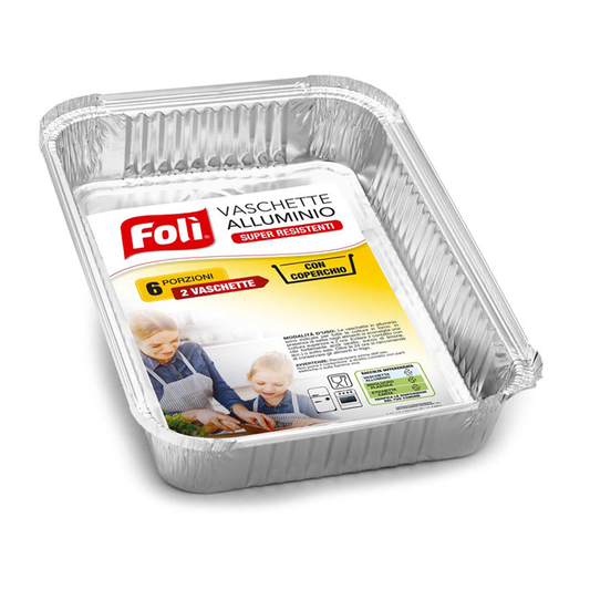FOLI' VASCHETTE ALLUMINIO CON COPERCHIO SUPER RESISTENTI 6 PORZIONI 2PZ