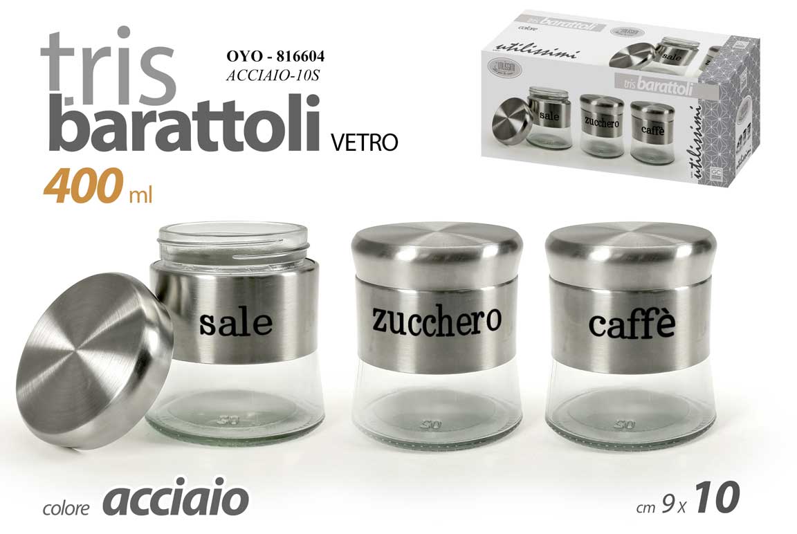 GICOS TRIS BARATTOLI VETRO 400ML CM.9X10 ACCIAIO OYO-816604