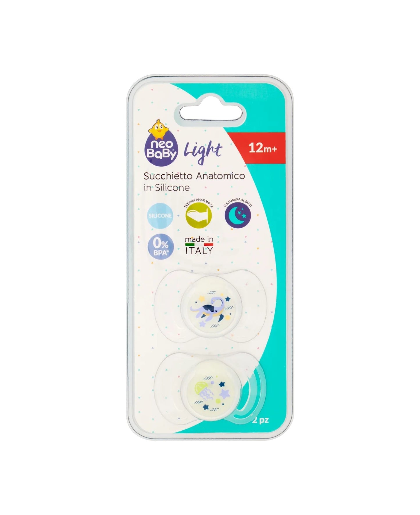 NEOBABY LIGHT SUCCHIETTO ANATOMICO IN SILICONE GLOW MAXI 12M+ 2PZ