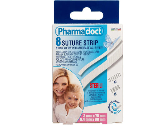 PHARMADOCT SUTURE STRIP STRISCE ADESIVE PER LA SUTURA DI TAGLI E FERITE 8PZ 2 MISURE ASSORTITE