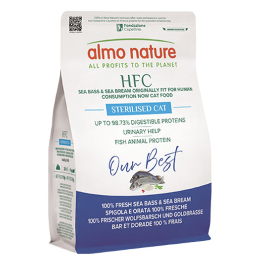 ALMO NATURE HFC OUR BEST GATTO CROCCANTINI 300G ADULT STERLISED SPIGOLA E ORATA 100% FRESCHE
