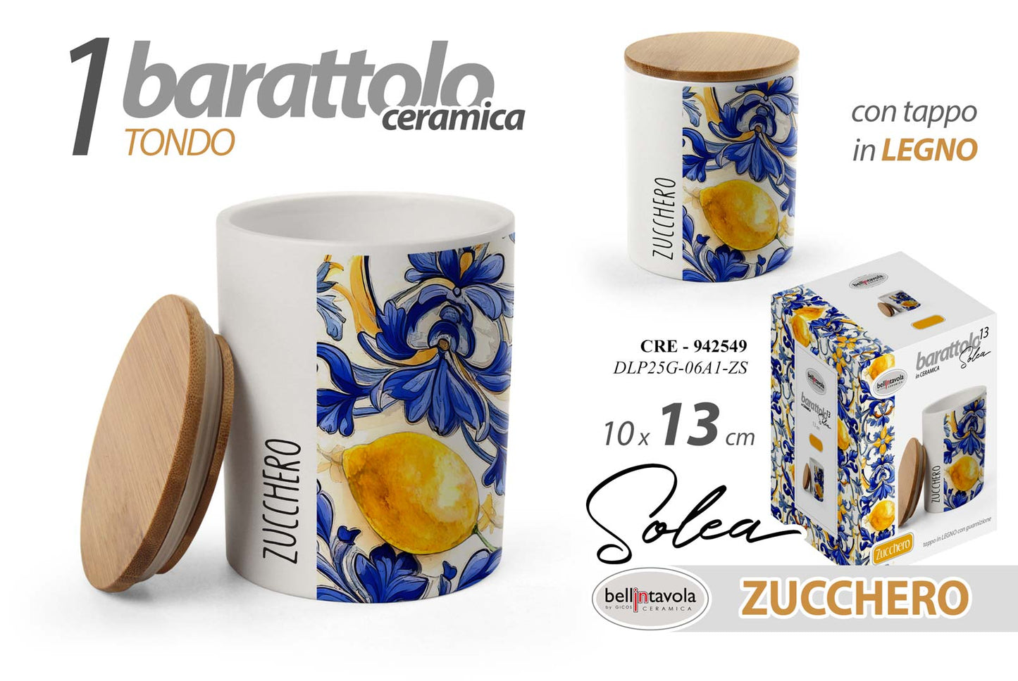 GICOS BARATTOLO CERAMICA TONDO SOLEA CON TAPPO IN LEGNO CM.10X13 ZUCCHERO