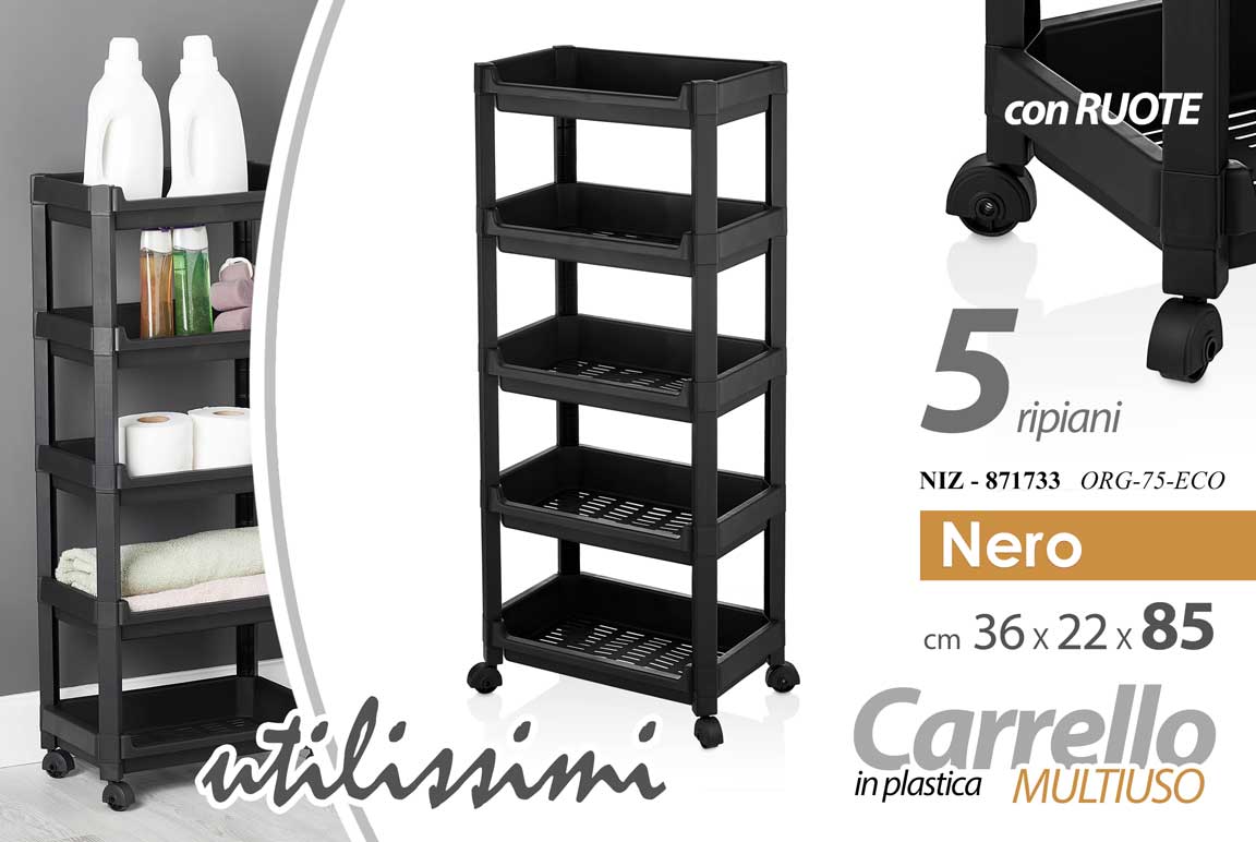GICOS CARRELLO MULTIUSO IN PLASTICA 5 RIPIANI CM.36X22X85 NERO NIZ-871733