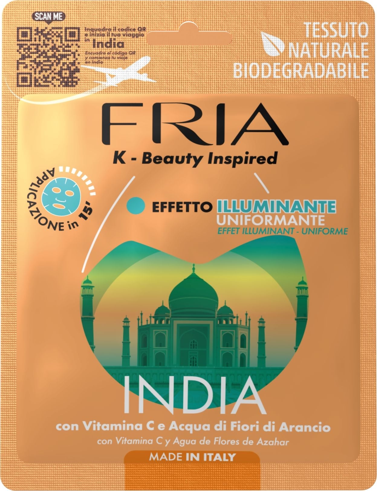 FRIA K - BEAUTY INSPIRED MASCHERA IN TESSUTO MONODOSE INDIA EFFETTO ILLUMINANTE UNIFORMANTE CON VITAMINA C E ACQUA DI FIORI DI ARANCIO