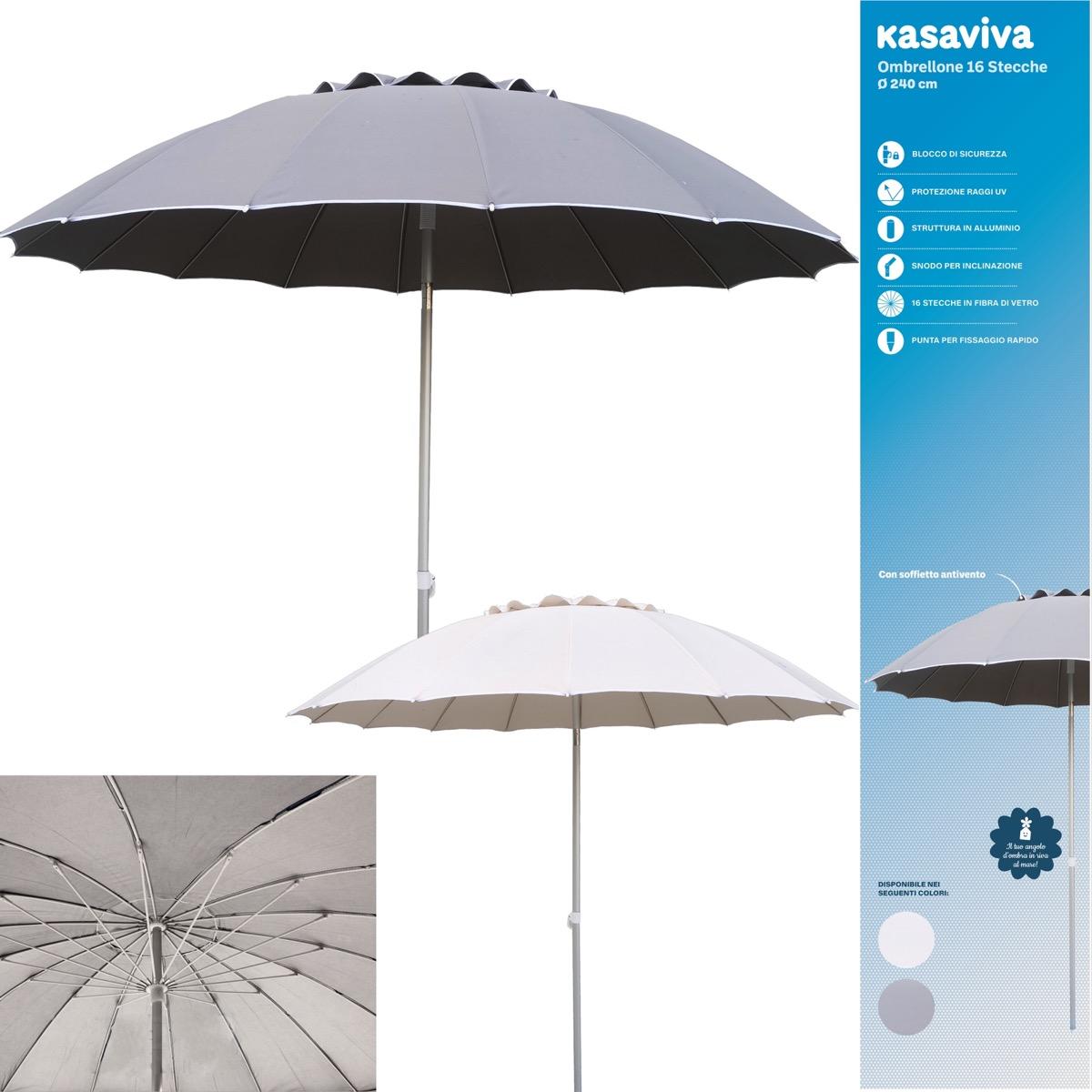 KASAVIVA OMBRELLONE 16 STECCHE CM.240 TUBO ALLUMINIO MM.32 2 COLORI ASSORTITI