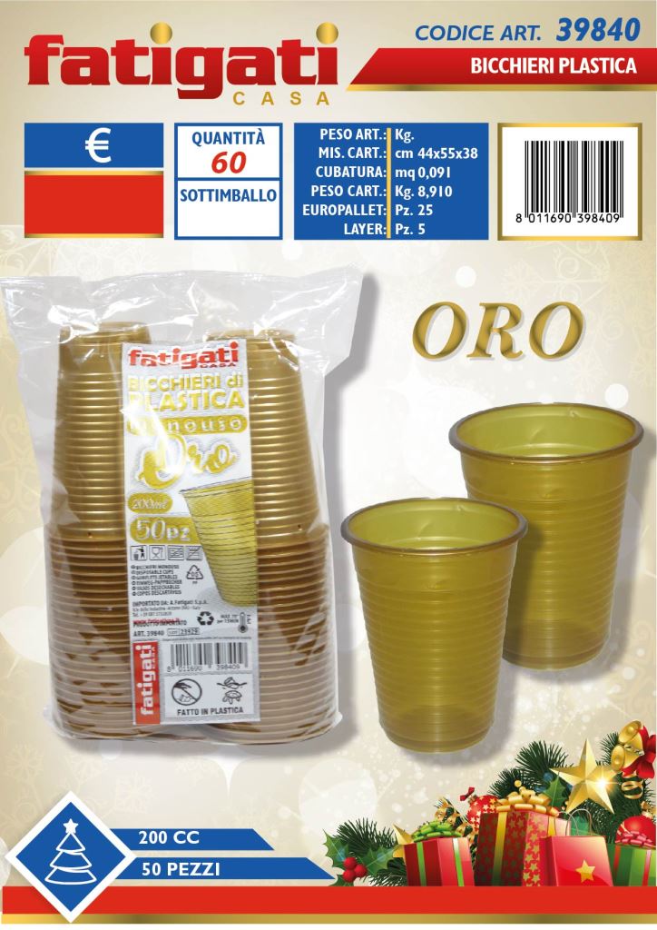 FATIGATI BELLE FESTE BICCHIERI 200CC LAVABILI & RIUTILIZZABILI 50PZ ORO