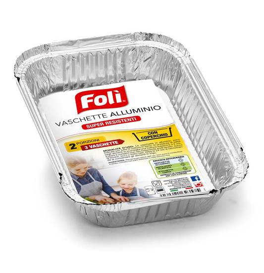 FOLI' VASCHETTE ALLUMINIO CON COPERCHIO SUPER RESISTENTI 2 PORZIONI 3PZ