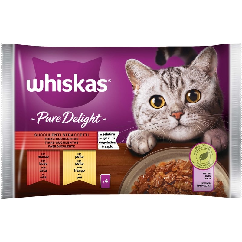 WHISKAS PURE DELIGHT 4X85G SUCCULENTI STRACCETTI MANZO-POLLO