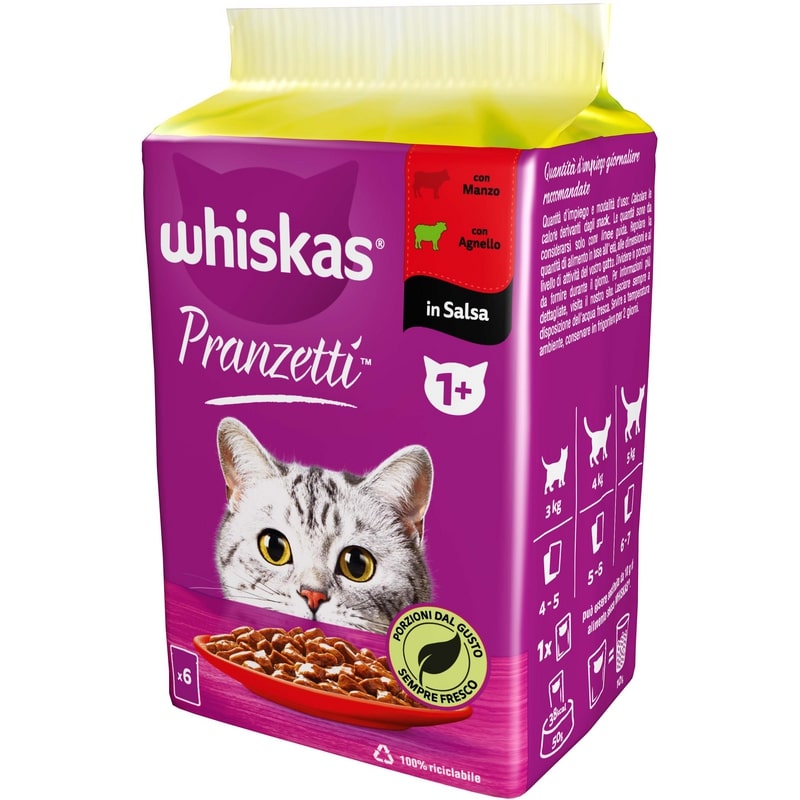 WHISKAS PRANZETTI 1+ 6X50G CARNI ROSSE IN SALSA MANZO-AGNELLO