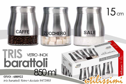 GICOS TRIS BARATTOLI VETRO-INOX 850ML CM.15