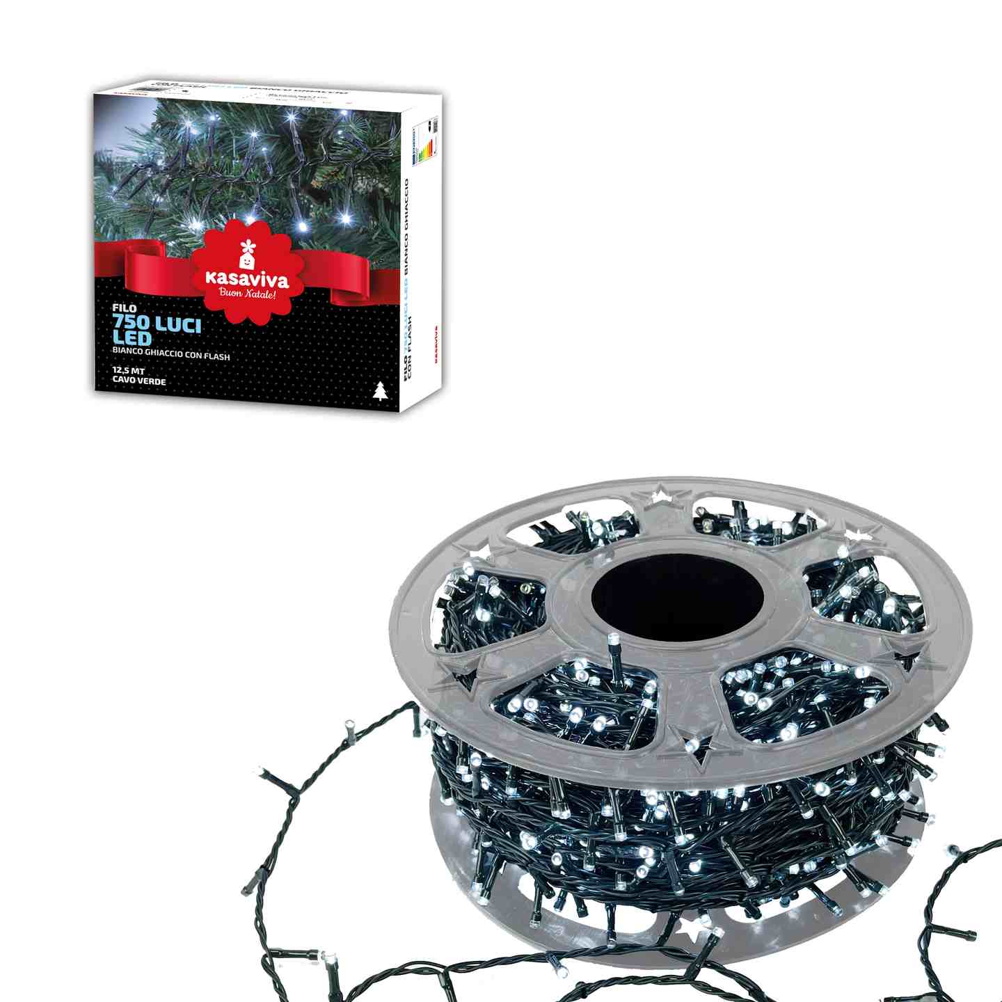 KASAVIVA NATALE FILO 750 LUCI LED BIANCO GHIACCIO CON FLASH 12,5MT CAVO VERDE