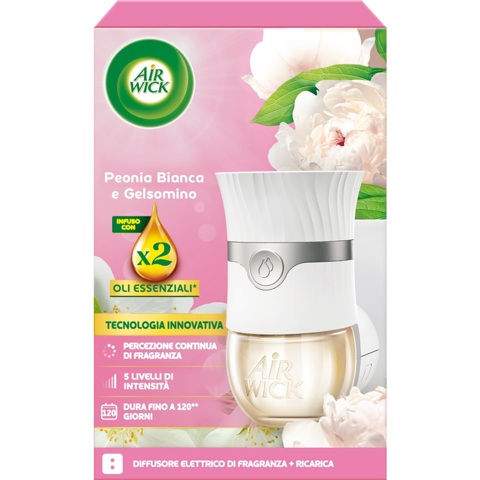AIR WICK DIFFUSORE ELETTRICO DI FRAGRANZA+RICARICA X2 OLI ESSENZIALI PEONIA BIANCA E GELSOMINO