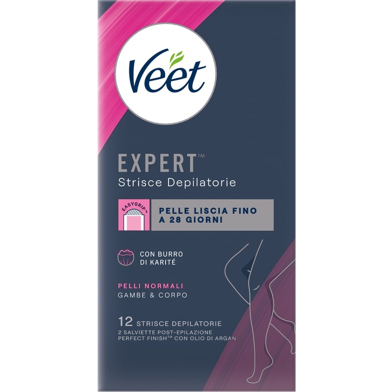 VEET EXPERT STRISCE GAMBE & CORPO X12+2 SALVIETTE PELLI NORMALI CON BURRO DI KARITE'