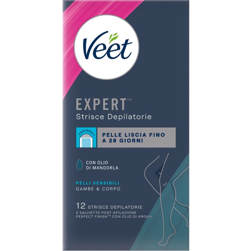VEET EXPERT STRISCE GAMBE & CORPO X12+2 SALVIETTE PELLI SENSIBILI CON OLIO DI MANDORLA