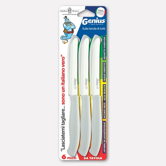 PAOLUCCI GENIUS 6 COLTELLI DA TAVOLA LAME SEGHETTATE MANICO BIANCO ART.4803R CM.11